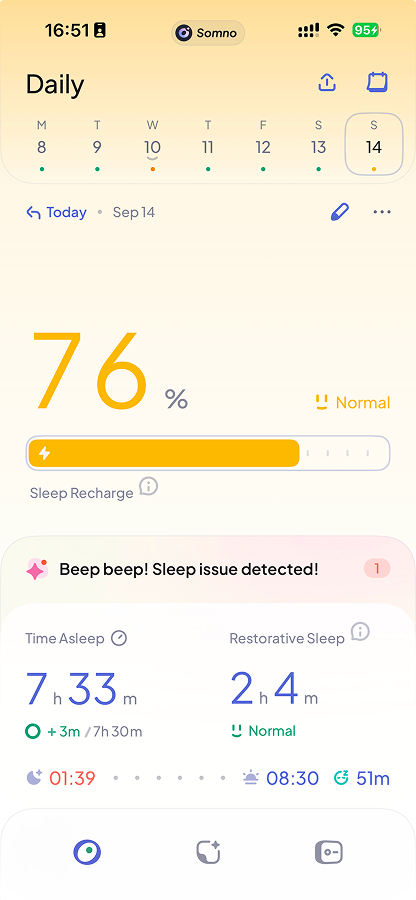 Somno AI Sleep Tracker app interface on iPhone